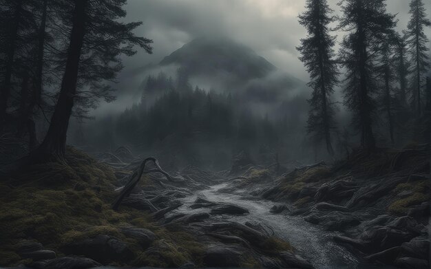 어두운 하늘이 있는 숲 사이로 시냇물이 흐르고 있다