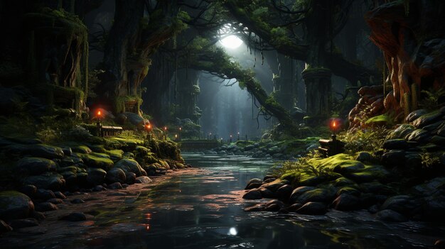 There is a stream running through a forest with a lot of moss generative ai