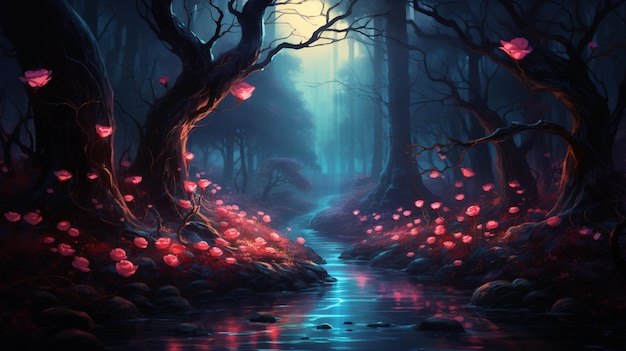 there is a stream running through a forest with lots of flowers generative ai