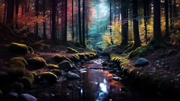 Photo there is a stream running through a forest with mossy rocks generative ai