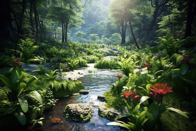 꽃으로 가득 찬 푸른 숲을 가로질러 흐르는 하천이 있습니다.