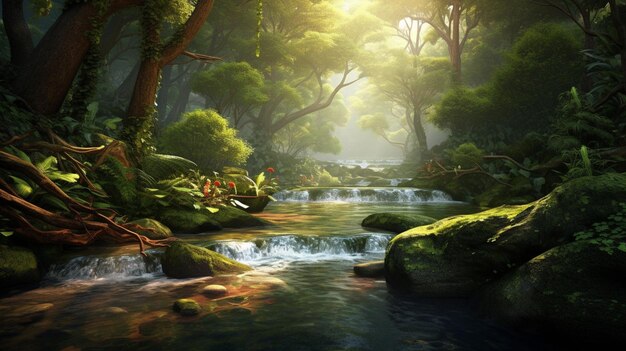 There is a stream running through a lush green forest with rocks generative ai