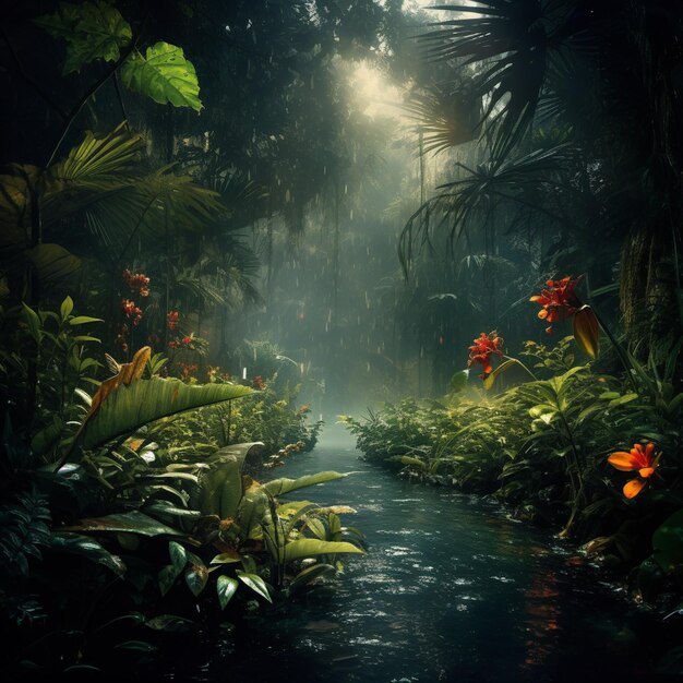 there is a stream running through a lush green jungle filled with plants generative ai