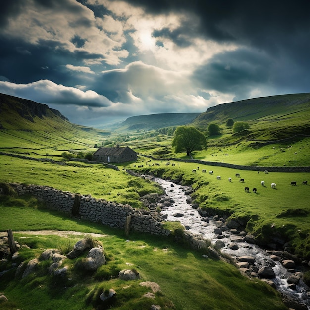 Photo there is a stream running through a lush green valley with sheep grazing generative ai