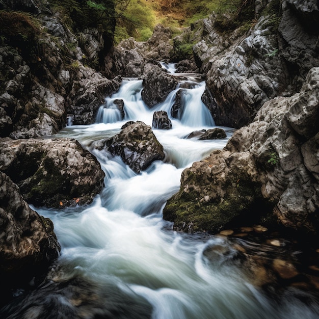 There is a stream running through a rocky gorge with rocks generative ai