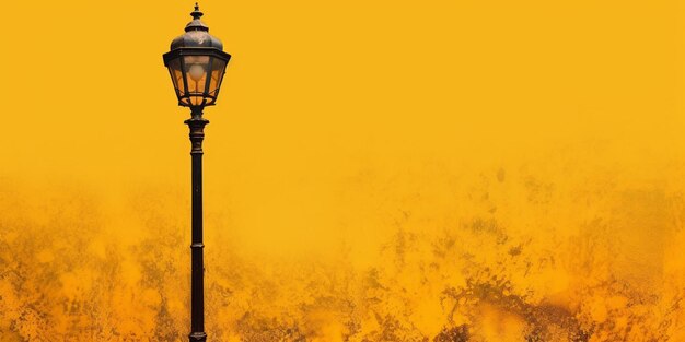 There is a street light that is on a pole in front of a yellow wall generative ai