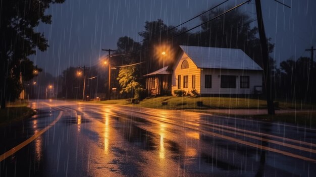 Foto c'è una strada con una casa e un lampione sotto la pioggia generativa ai