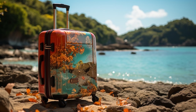 there is a suitcase sitting on the beach with a beautiful view generative ai