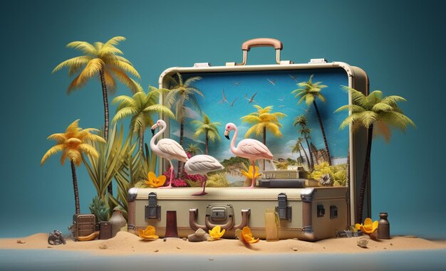 There is a suitcase with a painting of flamingos on it generative ai