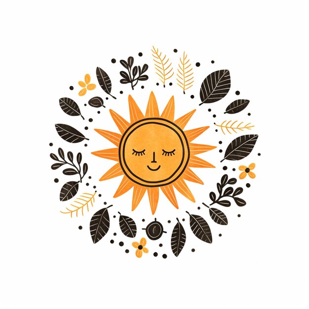 there is a sun with a face surrounded by leaves and flowers generative ai