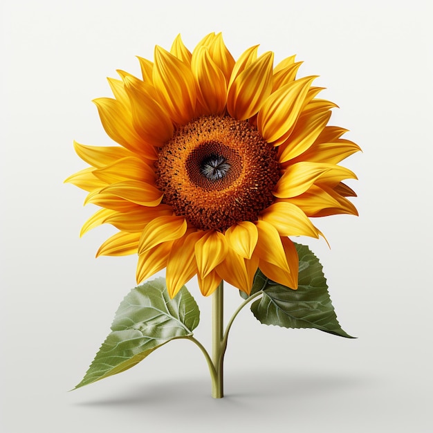 there is a sunflower with a stem and leaves on a white background generative ai