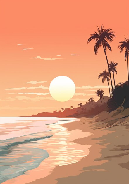 There is a sunset on the beach with palm trees and a surfboard generative ai