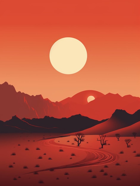 there is a sunset in the desert with a road going through it generative ai
