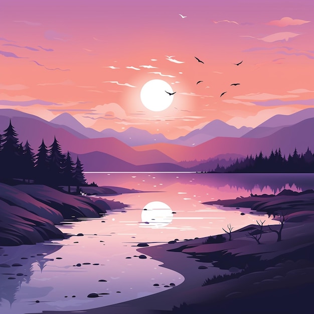 there is a sunset scene with a lake and mountains in the background generative ai