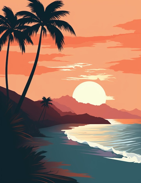 Photo there is a sunset scene with palm trees and a beach generative ai