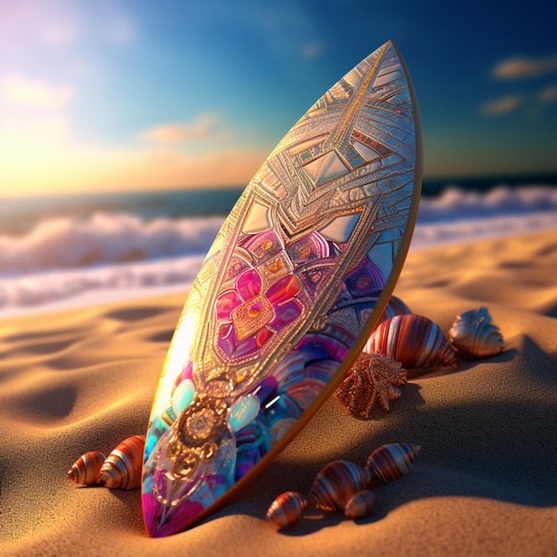 There is a surfboard that is laying on the sand generative ai