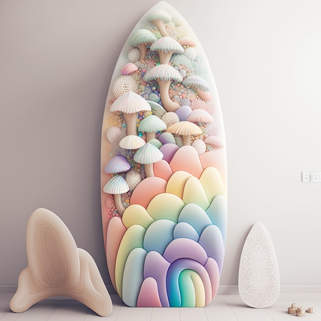 there is a surfboard with a lot of different colored shells on it generative ai