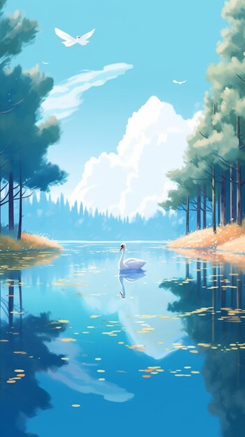 There is a swan that is floating in the water near the trees generative ai