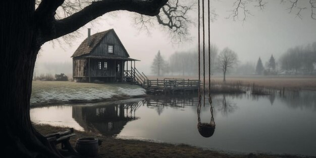 There is a swing hanging from a tree near a lake generative ai