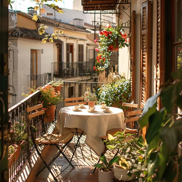 Photo there is a table and chairs on a balcony with a table cloth generative ai