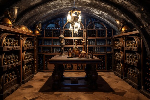 Photo there is a table with a bunch of bottles on it in a wine cellar generative ai