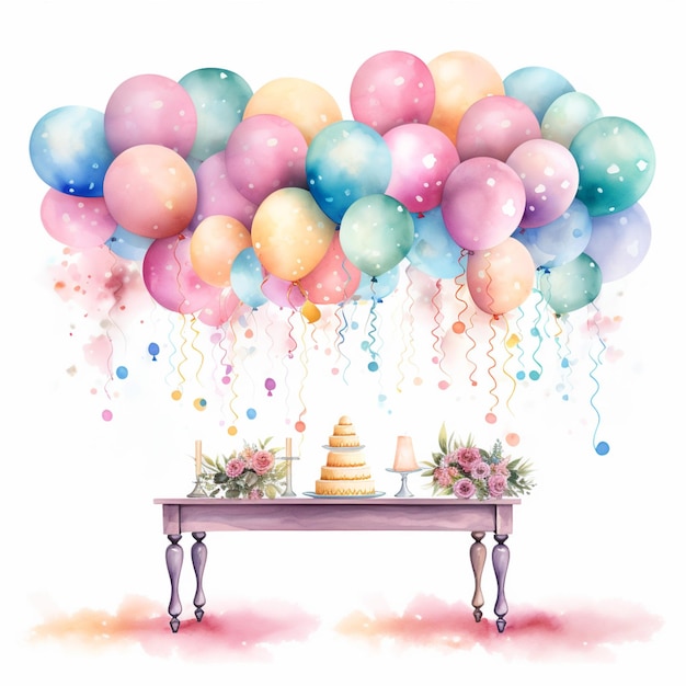 There is a table with a cake and balloons on it generative ai