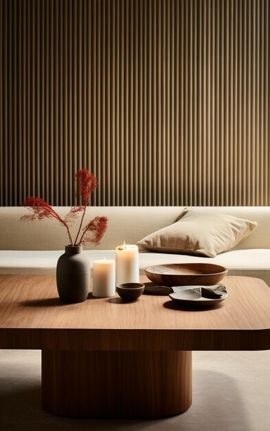 there is a table with candles and a vase on it generative ai