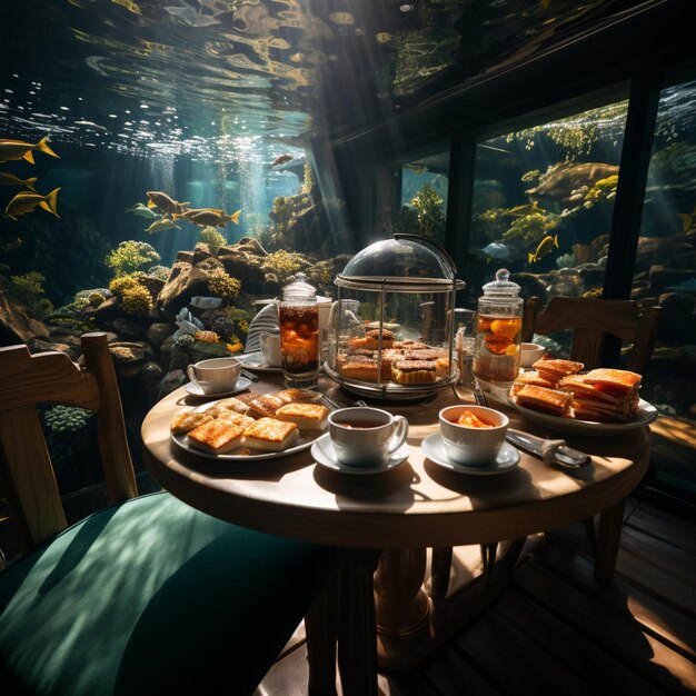 Photo there is a table with food on it and a fish tank in the background generative ai