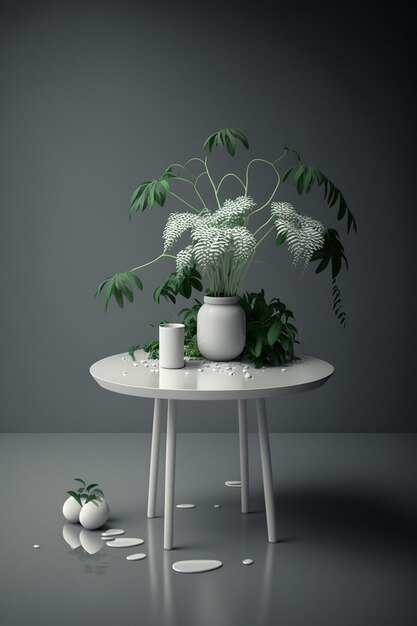 There is a table with plant in it and some white flowers generative ai