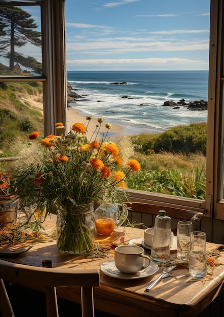 There is a table with a vase of flowers on it and a view of the ocean generative ai