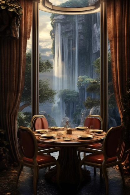 There is a table with a view of a waterfall through the window generative ai