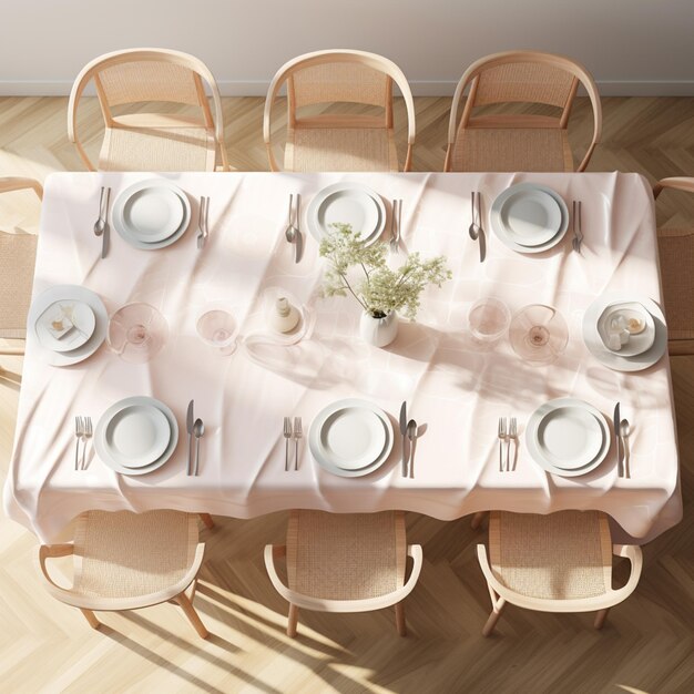 there is a table with a white table cloth and place settings generative ai