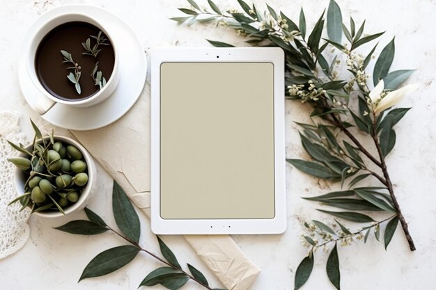 Photo there is a tablet computer sitting on a table with a cup of coffee generative ai