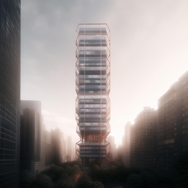 посреди городского генеративного искусственного интеллекта стоит высокое здание со стеклянным фасадом
