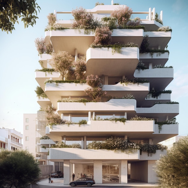 there is a tall building with plants growing on the balconies generative ai