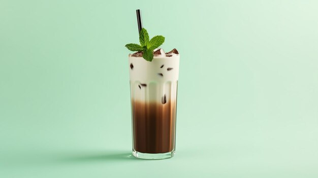 There is a tall glass with a drink and a mint leaf generative ai