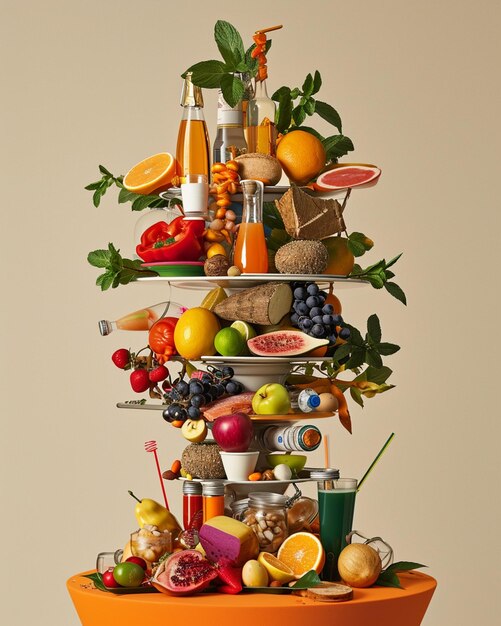 テーブルの上には果物と野菜の高い塔があります。