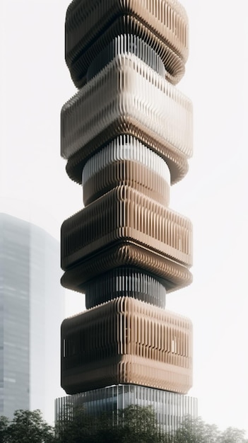 there is a tall tower made of cardboards in the middle of a city generative ai