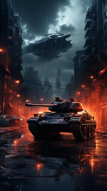 there is a tank that is driving down the street in the rain generative ai