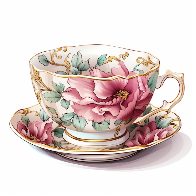 花のデザインのジェネレーティブ・アイが付いた紅茶カップと皿があります