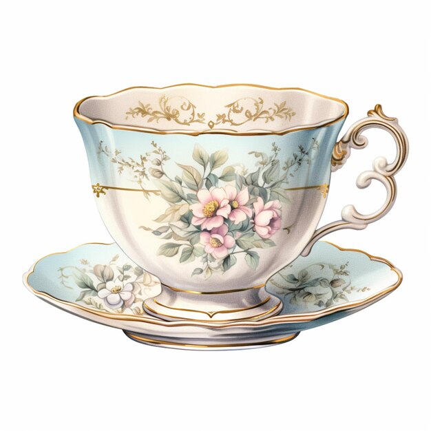there is a tea cup and saucer with a flower design on it generative ai