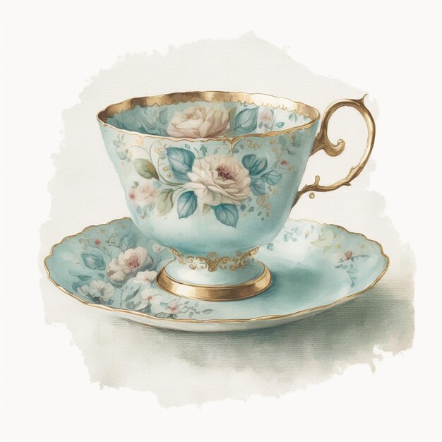 there is a tea cup and saucer with a flower design on it generative ai