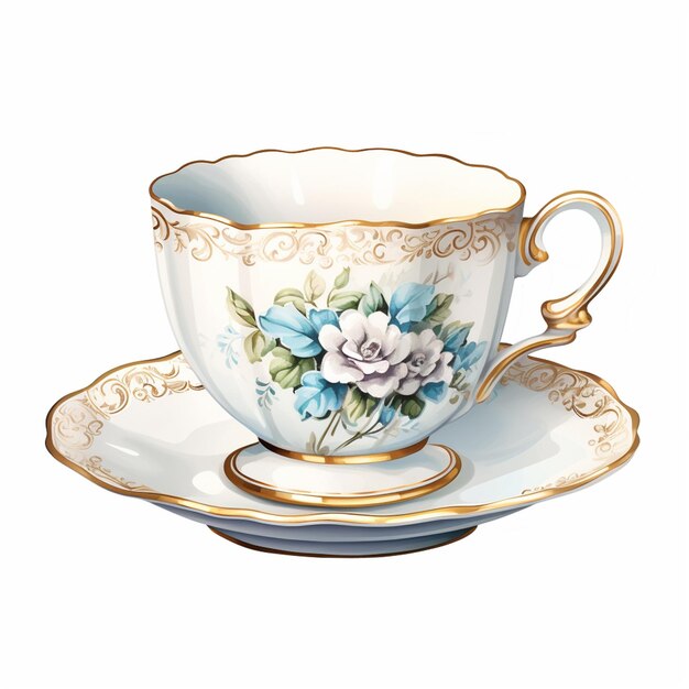 There is a tea cup and saucer with a flower design on it generative ai