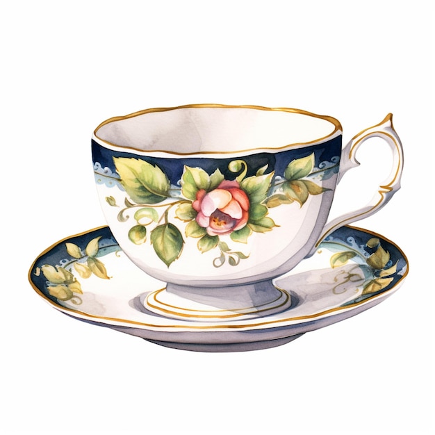 there is a tea cup and saucer with a flower on it generative ai
