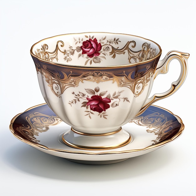 Там есть чашка чая и тарелка с розовым рисунком на ней.