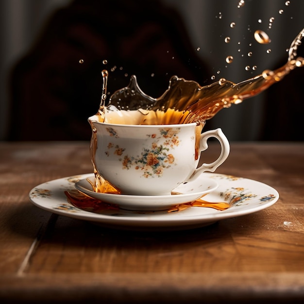 There is a tea cup with a splash of liquid on it generative ai