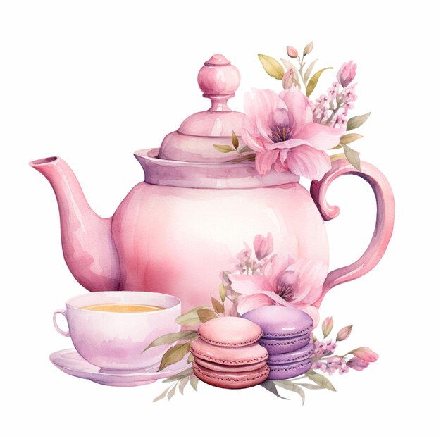 there is a tea pot and a cup of tea with flowers generative ai