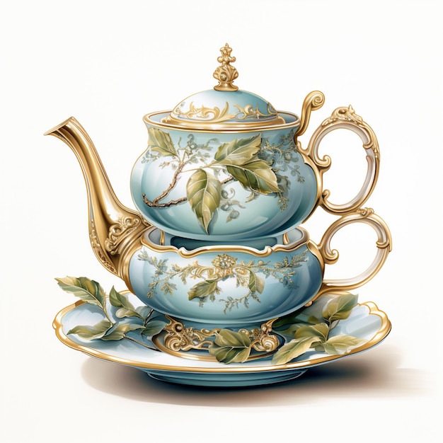 There is a tea pot and a tea cup on a saucer generative ai