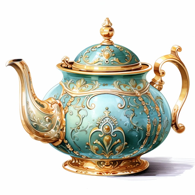 There is a tea pot with a gold handle and a blue lid generative ai