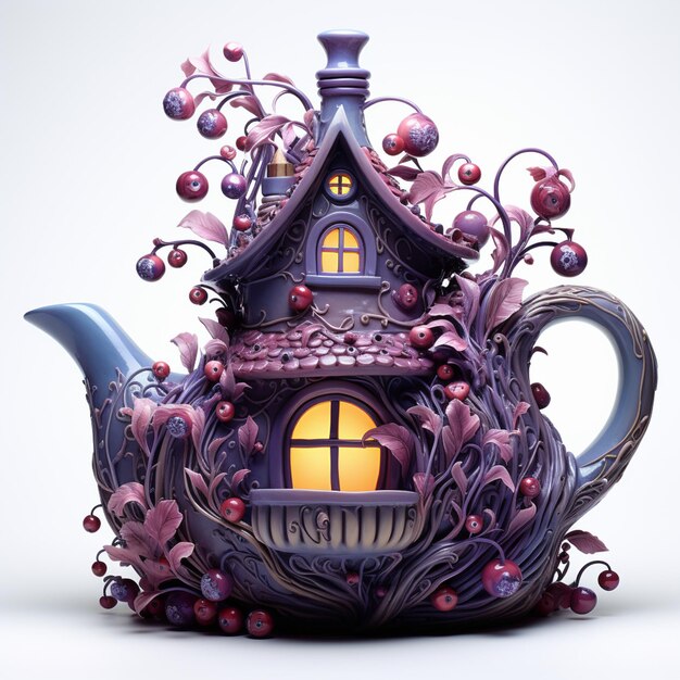 There is a teapot with a house on it and berries on the outside generative ai